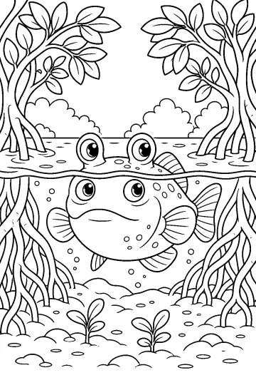 Pez cuatro ojos entre raíces de manglar junto a la línea del agua