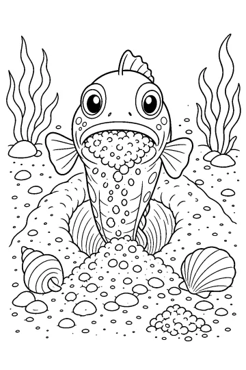 Poisson sortant d’un terrier avec la bouche pleine de sable, parmi des coquillages, des algues et des galets