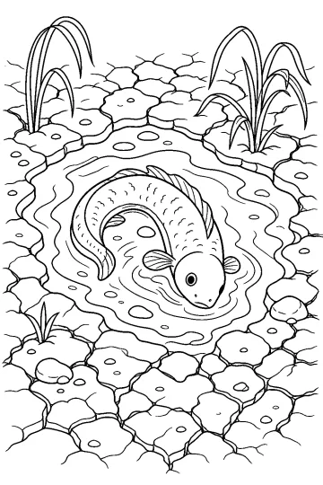 Dibujo para colorear de un pez en un charco con barro agrietado y juncos
