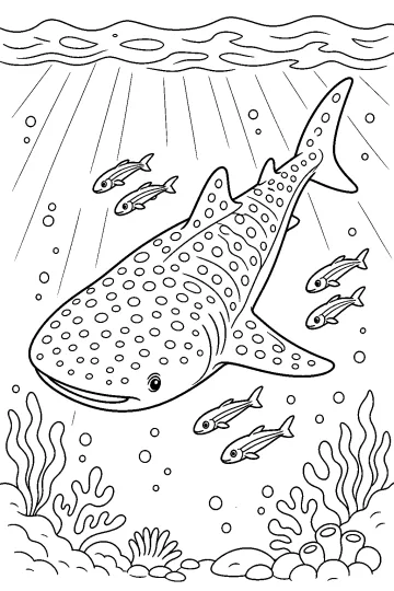 Tiburón ballena con manchas, peces piloto, algas, coral y burbujas en el fondo marino