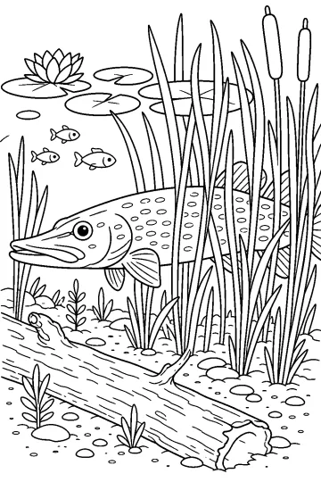 Luccio tra alte canne, piante acquatiche, ninfee e un tronco sul fondale del lago
