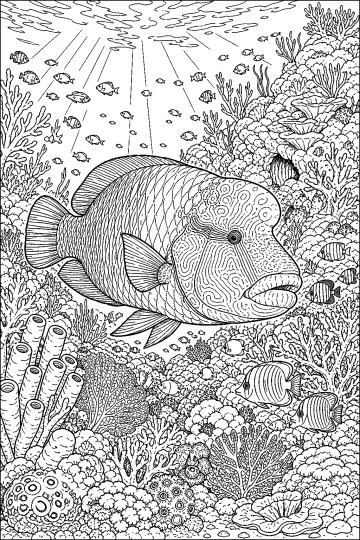 Grande pesce napoleone in una barriera corallina con coralli, spugne e piccoli pesci