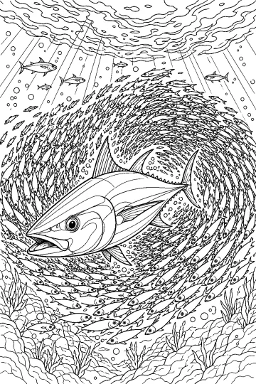 Grand thon nageant dans un tourbillon formé par un banc de sardines au-dessus du fond marin