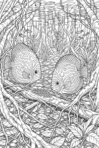 Pesci discus con uova tra le radici disegno da colorare PDF gratis