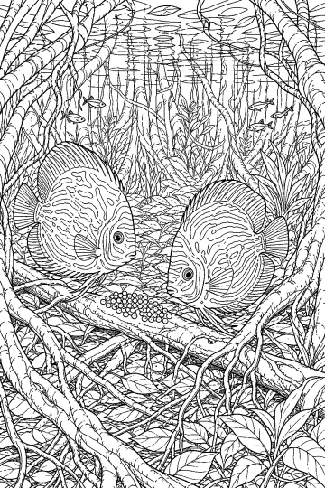Due pesci discus vicino a uova su un ramo sommerso, tra radici, foglie e piante acquatiche.