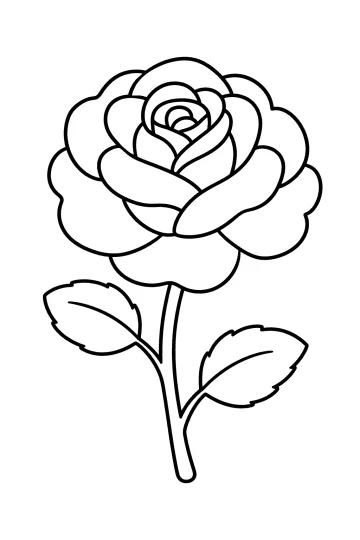 Coloring page of an open rose with overlapping petals, a stem, and two leaves
