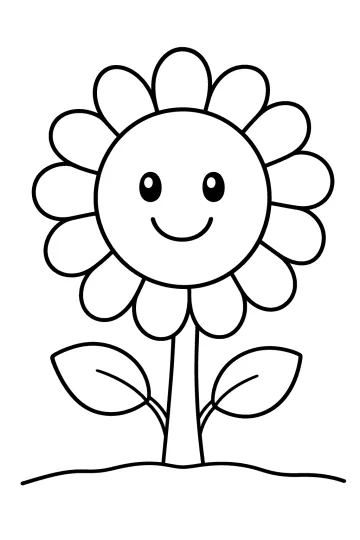 Disegno da colorare di un grande fiore sorridente con petali, gambo e foglie
