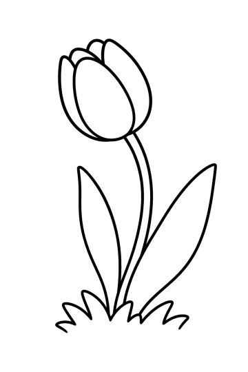 Kleurplaat van een tulp met een gebogen steel, twee puntige bladeren en gras aan de onderkant