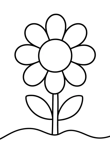 Malvorlage eines Gänseblümchens mit großen Blütenblättern, runder Mitte, zwei Blättern und einer geschwungenen Wiesenlinie.