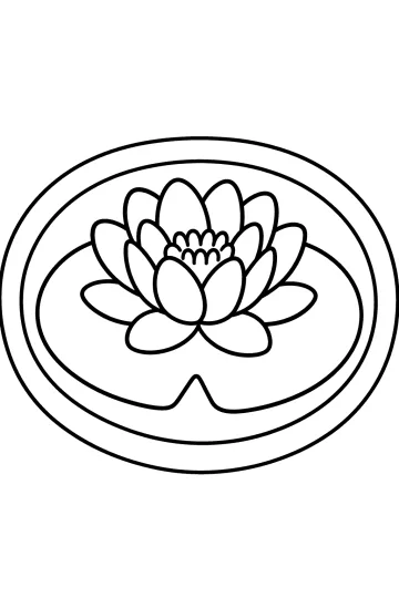 Coloriage d'un nénuphar ouvert sur une grande feuille avec des lignes d'eau.