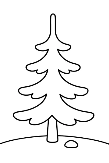 Disegno da colorare di un abete con rami a livelli, tronco e un sasso sul terreno