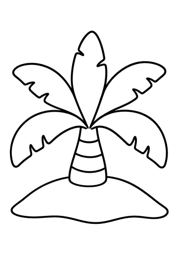 Ausmalbild einer jungen Palme mit großen Blättern und gestreiftem Stamm auf einem sandigen Hügel.