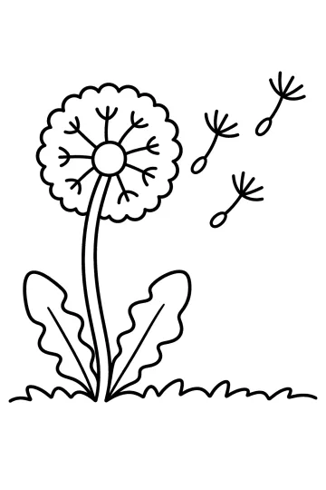 Dibujo de un diente de león con dos hojas, hierba y tres semillas volando