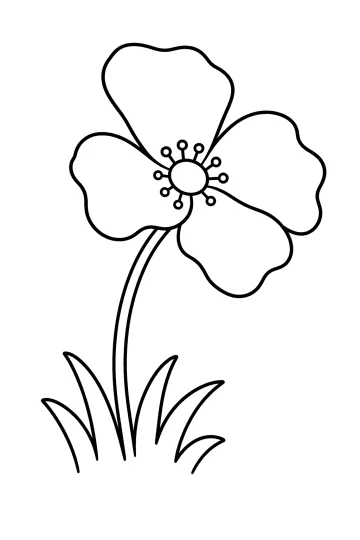 Disegno da colorare di un fiore con grandi petali ondulati, gambo lungo e fili d’erba alla base
