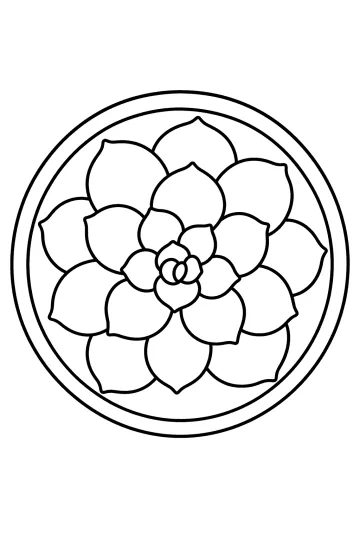 Coloriage d'une succulente en rosette vue du dessus dans un pot rond