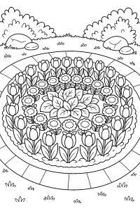 Aiuola circolare con tulipani e fiori disegno da colorare PDF gratis