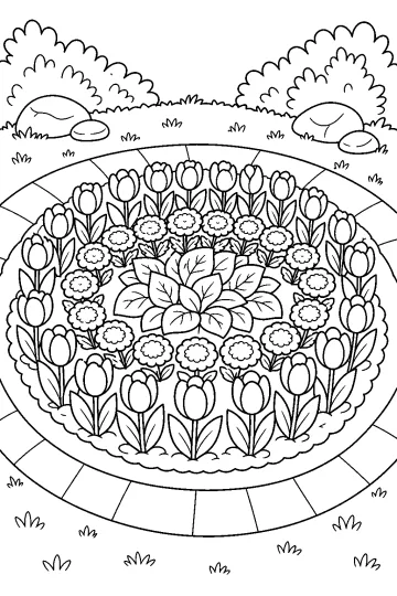 Parterre rond avec tulipes, petites fleurs, grandes feuilles et allée circulaire