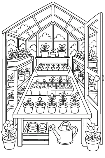 Dibujo para colorear de un invernadero abierto con plantitas en macetas y bandejas, estantes y una regadera.