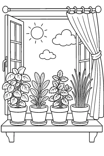 Cuatro plantas en macetas sobre una repisa frente a una ventana con cortinas, sol y nubes.