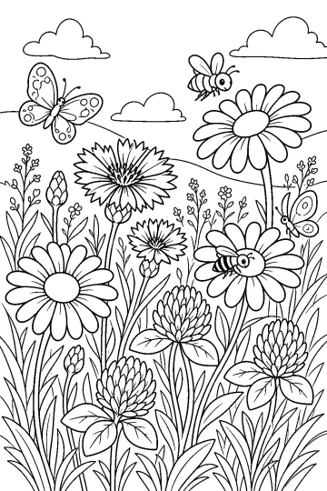 Coloriage représentant une prairie avec de grandes fleurs, des abeilles, des papillons, de l'herbe, des collines et des nuages.