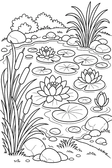 Dibujo para colorear de un estanque con nenúfares, flores de loto, hojas flotantes, juncos y piedras