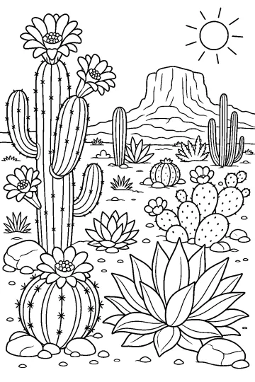 Lámina para colorear de un jardín desértico con cactus en flor, agaves, rocas, sol y una montaña al fondo.