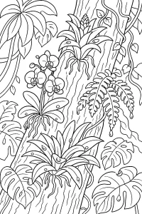 Plantas tropicales en un gran tronco dibujo para colorear PDF gratis