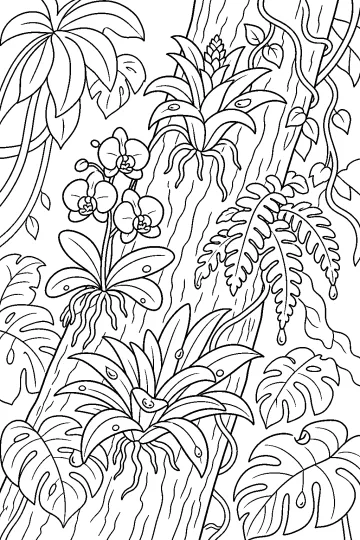 Dibujo para colorear de plantas tropicales con flores, hojas grandes y raíces sobre un tronco