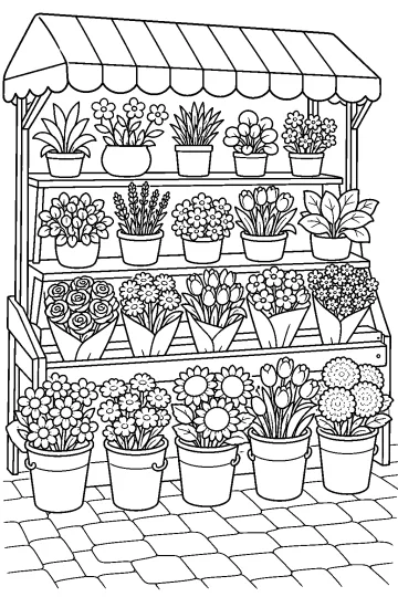 Stand de marché avec de nombreuses fleurs, des plantes en pots et des bouquets emballés