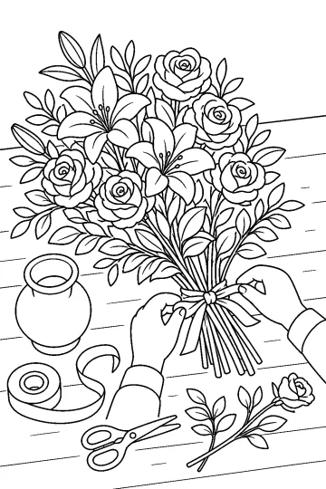 Bouquet de roses et d’un lys avec des feuilles, tenu par deux mains et noué d’un ruban sur une table.