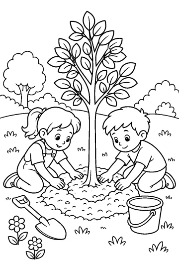 Dos niños plantan un árbol joven con una pala y un cubo sobre el césped.