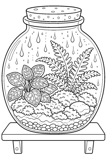 Terrarium en verre avec fougère, plantes à feuilles, mousse, cailloux et gouttes de condensation