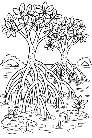 Dibujo para colorear de manglares con raíces arqueadas en el agua, hojas y brotes