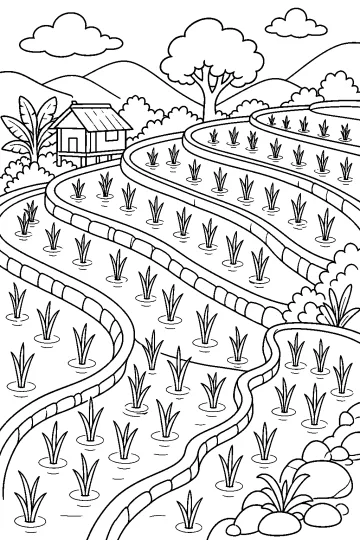 Dibujo para colorear de terrazas de arroz con plantas en el agua, colinas, árboles y una casa.