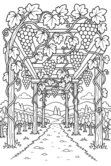 Pérgola de vides con hojas, racimos de uvas y un camino entre viñedos