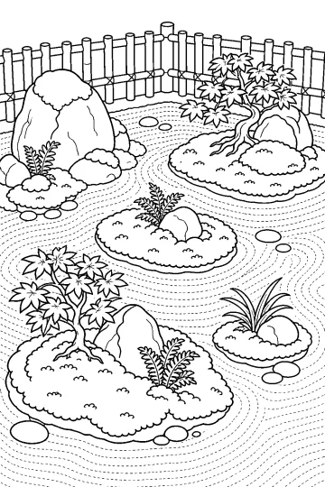 Dibujo de un jardín de musgo con rocas, helechos, pequeños árboles y grava rastrillada