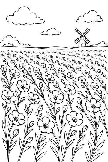 Champ de fleurs avec de grandes fleurs au premier plan et un moulin à vent à l'arrière-plan