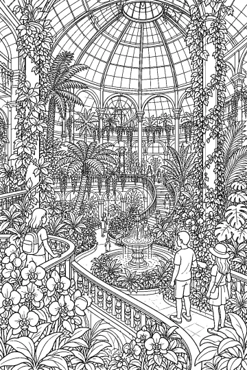 Grande conservatorio botanico con cupola vetrata, palme, fiori, piante rampicanti, fontana, scale e visitatori.