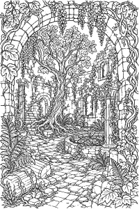 Cortile in rovina ricoperto di piante disegno da colorare PDF gratis