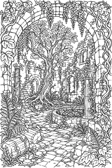 Cortile in rovina visto attraverso un arco, con grande albero, rampicanti, fiori pendenti, colonne e piante