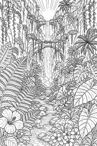 Desfiladeiro tropical com cascata desenho para colorir PDF grátis