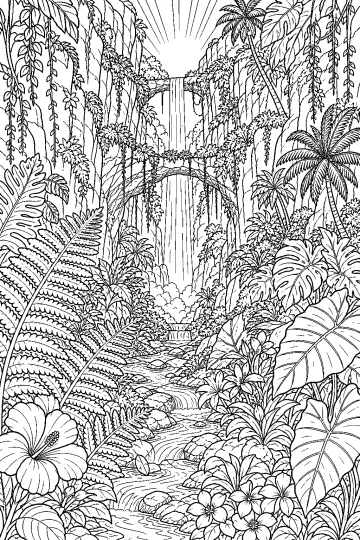 Desfiladeiro tropical com cascatas, riacho, palmeiras, samambaias, folhas grandes, flores e cipós