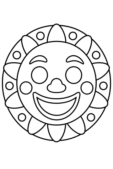 Dibujo para colorear de una máscara de sol sonriente con rayos y adornos redondos
