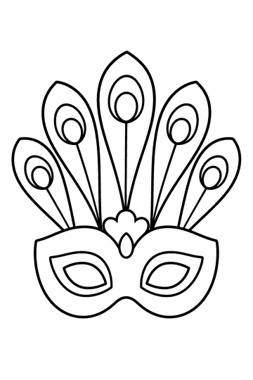 Dibujo para colorear de una máscara de pavo real con cinco plumas grandes