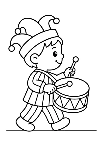 Bambino con cappello da Carnevale a sonagli che suona un tamburo