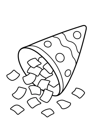 Dibujo de líneas de un cono decorado inclinado con confeti de papel alrededor.