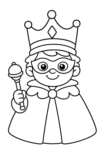 Dibujo de un rey de Carnaval sonriente con corona, máscara, cetro y capa