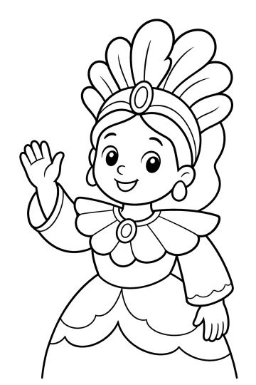 Dibujo para colorear de una reina de Carnaval con tocado de plumas, cuello en abanico y mano levantada