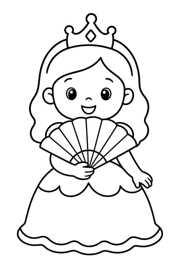 Dibujo para colorear de una princesa con corona que sostiene un abanico abierto delante de su vestido
