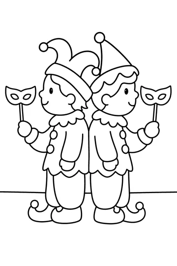 Twee carnavalsfiguren rug aan rug met hoeden en maskers op stokjes